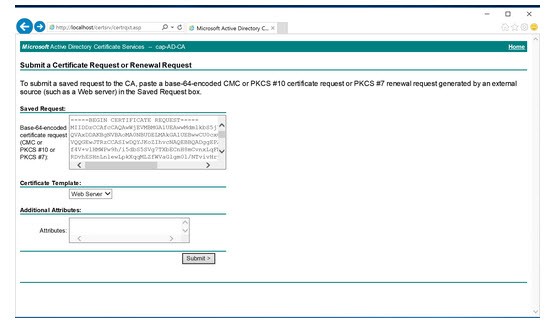 Screen shows the .pem content pasted into the form and the
                                        Submit key as described in the text.