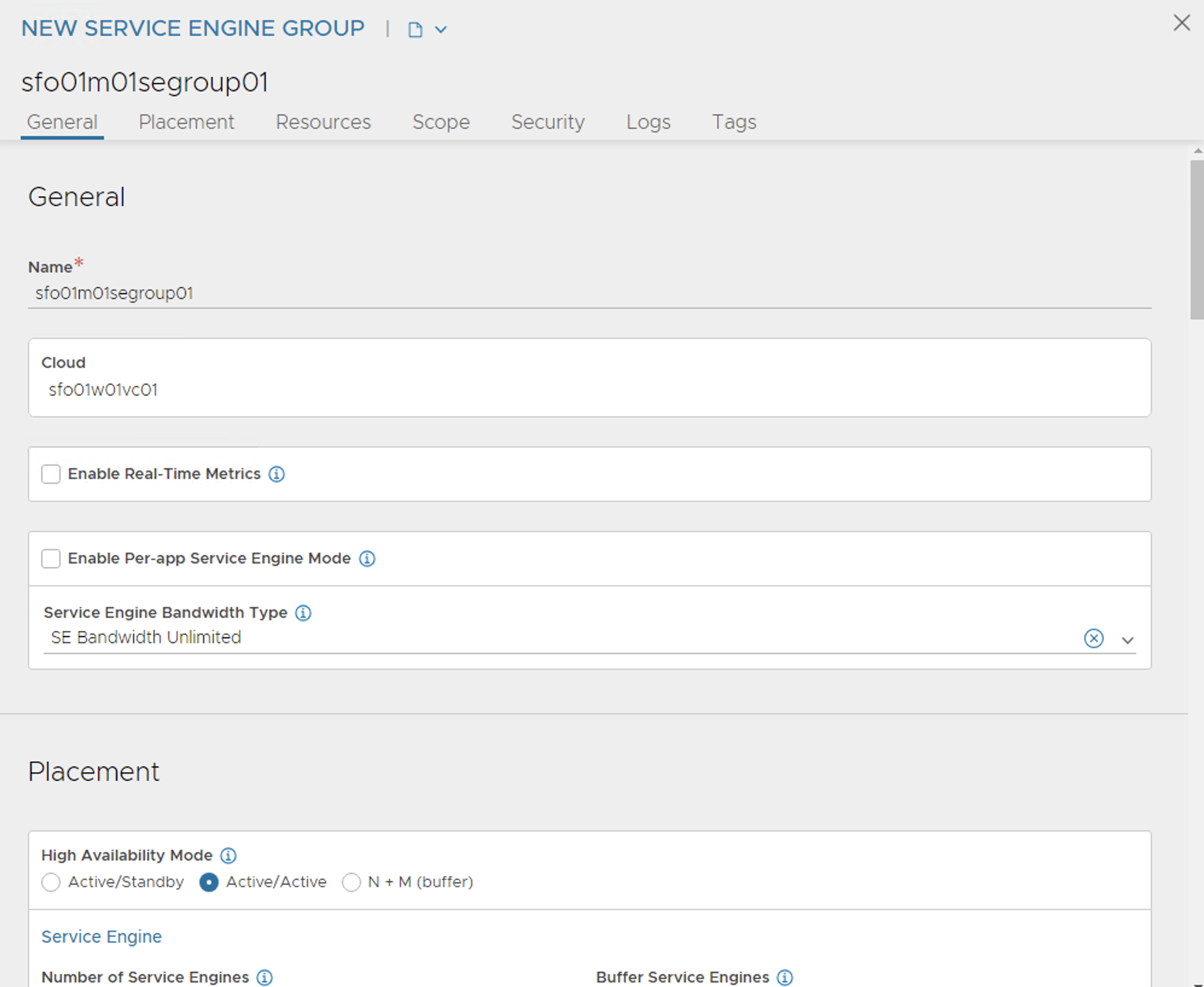 Create service engine group - basic settings